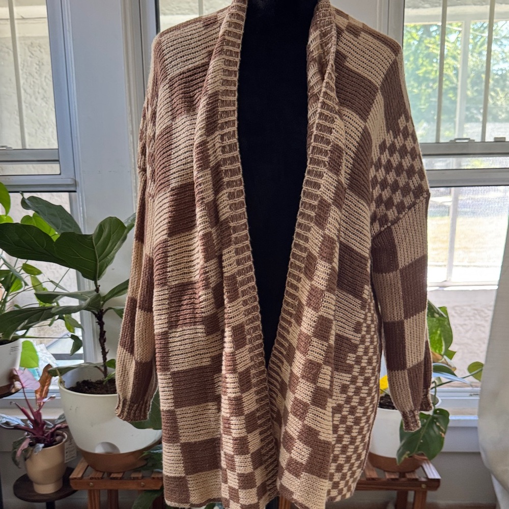 Brown Checkered Open Front Cardigan